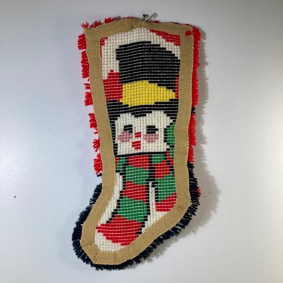 Vintage Latch Hook Snowman Stocking Wall Hanging 12 x 26" Red White Green - Picture 4 of 5